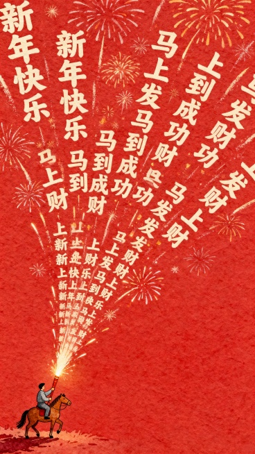 主体：左下角一个微缩的人骑着马，手拿着点燃的礼花，礼花喷出的烟花自上而下落下米白色的新年快乐、马到成功、马上发财小字重复出现，成烟火状，几乎铺满整个画面。
装饰元素：其余部分留白
色调：新年色调
背景预览效果