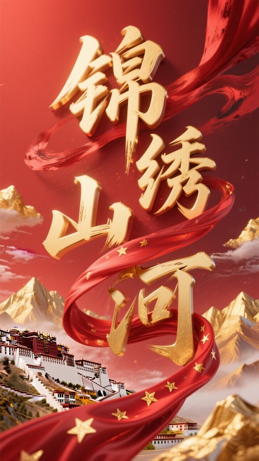 红色背景。主标题笔触飘逸的金色艺术字“锦绣山河”，一条突出的动态感强的红色绸布（表面凸显金色星星）贯穿缠绕文字，金色山脉、布达拉宫穿插其在文字周围。预览效果