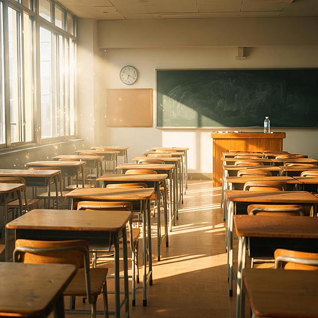 Photorealistic photography of an empty Chinese classroom, morning sunlight streaming through tall windows on the left side casting long soft shadows on the floor, wooden desks and chairs slightly worn with visible wood grain and minor scratches, the blackboard on the wall has faint chalk dust residue not completely erased, a wooden podium with a few scattered chalks and a half-drunk water bottle, dust particles floating in the sunlight beam, the back wall has a simple clock and a clean bulletin board, warm and nostalgic atmosphere, shot on a 35mm lens, f/2.8 aperture giving natural shallow depth of field, the background desks are softly out of focus, cinematic color grading with slight warm tone, ultra realistic, 8k