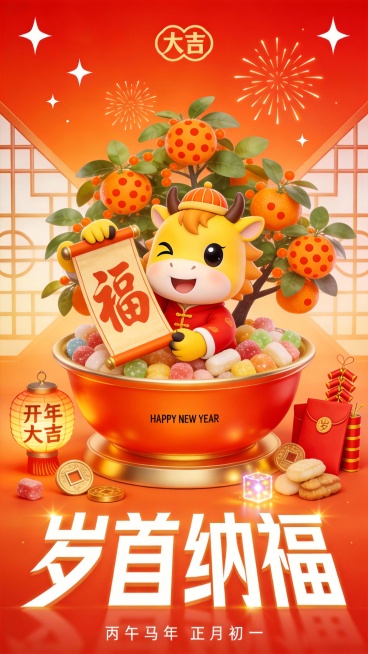 正月初一 · 元日新岁
画面以高饱和度的橘红与金色为主调，洋溢糖果色的多巴胺欢乐气息。背景橘红色，点缀着白色的四角星与放射状烟花图标，并融入传统窗格纹样与“大吉”字样。

主体是一个橘红色描金的聚宝盆预览效果