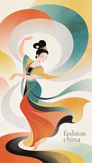 矢量插画，抽象线条与曲面线条，线条画，柔美色块构成，极简主义，多巴胺色系，线条设计叠加多个不规则弧形色块武则天跳舞裙摆摇曳生姿柔美的轮廓，惊鸿舞，自然，纹理，装饰，超现实派，具有先锋艺术、时尚字体主标预览效果