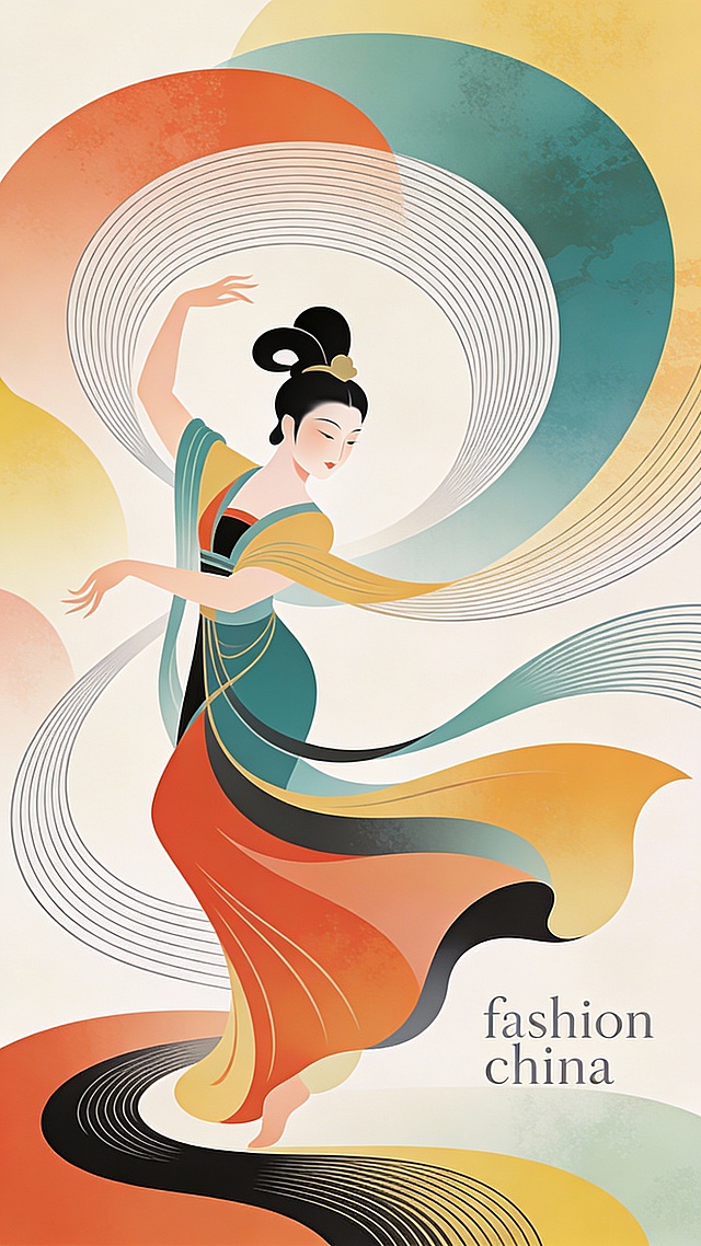 矢量插画，抽象线条与曲面线条，线条画，柔美色块构成，极简主义，多巴胺色系，线条设计叠加多个不规则弧形色块武则天跳舞裙摆摇曳生姿柔美的轮廓，惊鸿舞，自然，纹理，装饰，超现实派，具有先锋艺术、时尚字体主标题极小英文“fashion china”作为点缀、大师构图，极简海报，高清画质，大师作品，获奖海报。国风背景