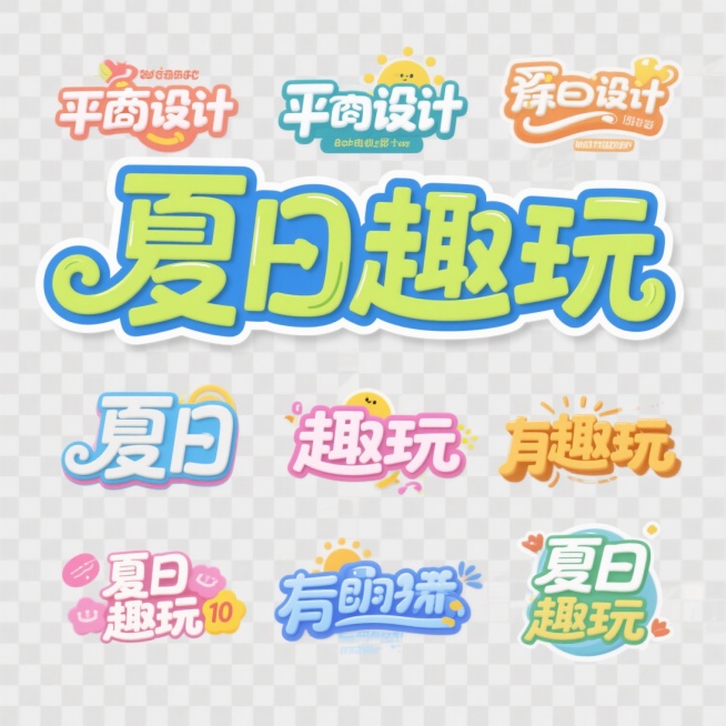 帮我做出10款“ 夏日趣玩”的标题艺术字设计，平面设计，电商标题，透明底格式预览效果