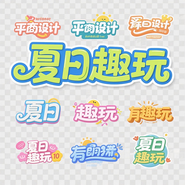 帮我做出10款“ 夏日趣玩”的标题艺术字设计，平面设计，电商标题，透明底格式