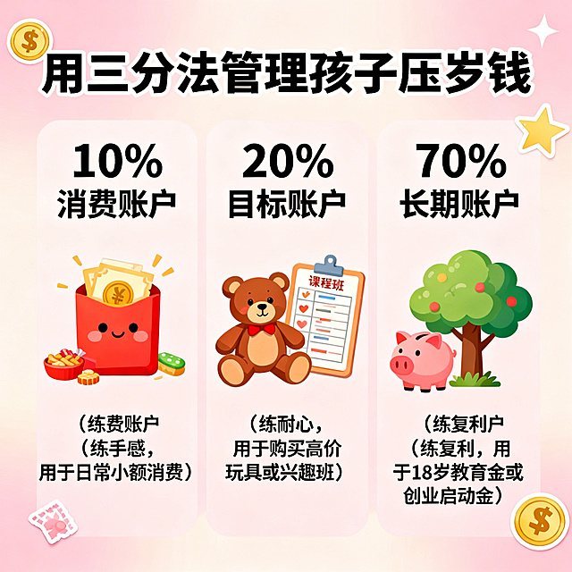 一张1:1比例的资产配置科普海报，主题是用三分法管理孩子压岁钱，画面清晰分为三个板块，分别标注10%消费账户（练手感，用于日常小额消费）、20%目标账户（练耐心，用于购买高价玩具或兴趣班）、70%长期账户（练复利，用于18岁教育金或创业启动金），整体风格温馨易懂，适合家长群体，搭配可爱的压岁钱、钱币、储蓄罐等元素