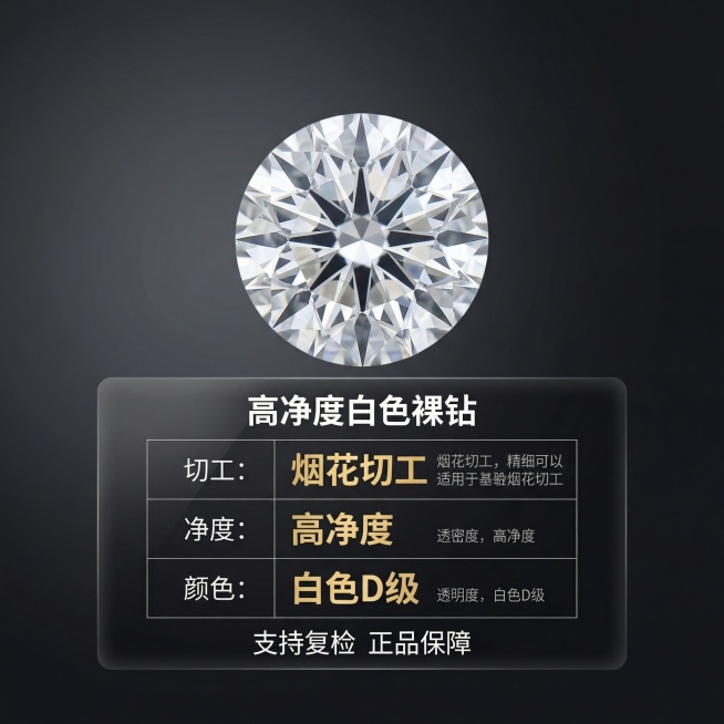[主图 5] 规格品质信任背书
[氛围/风格]专业严谨，奢华简约
[画面元素]保留原图钻石主体外观，钻石居中放置，下半部分用半透明黑色渐变悬浮框罗列参数，背景为干净的深灰色渐变，整体排版清晰专业
[配预览效果