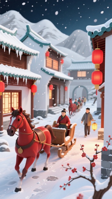 全景构图，主视觉是枣红马队拉着木质雪橇（挂红灯笼，覆雪），穿行于中式古镇。青瓦白墙覆雪，屋檐垂冰锥，窗透暖光，雪地行人提灯笼，右下角有披雪的梅枝。背景是灰白远山与墨蓝夜空，雪花轻飘，红棕 + 青白配色预览效果