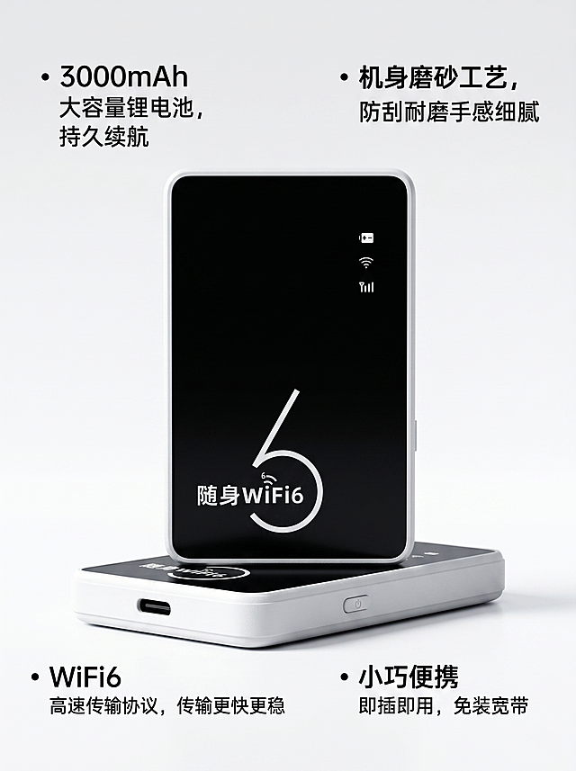 8K 超写实商业电商摄影，超清分辨率，极致细节还原，锐化清晰，光影干净通透，产品主体全程突出，浅景深效果，无多余杂乱元素，画面所有文字清晰可辨、无变形无乱码。严格还原参考图造型与外观：方形圆角随身 WiFi，白色磨砂质感边框，正面纯黑面板，面板右侧竖向排列电池、WiFi、信号格三个白色状态图标，面板下方带白色 WiFi6 标识与艺术数字 6 造型，机身采用磨砂工艺，不得修改任何外观细节与配色。画面为固定款随身 WiFi 的多视角微距实拍，8K 超写实商业摄影，清晰展示产品全细节：正面完整还原参考图外观与标识，侧面展示机身按键与充电接口，机身磨砂工艺质感拉满，光影通透，细节清晰。画面用白色清晰字体分点标注硬件核心优势，无多余装饰："3000mAh 大容量锂电池，持久续航"，"机身磨砂工艺，防刮耐磨手感细腻"，"WiFi6 高速传输协议，传输更快更稳"，"小巧便携，即插即用，免装宽带"。背景为极简白色柔光背景，无多余杂乱元素，产品细节清晰突出，质感高级。