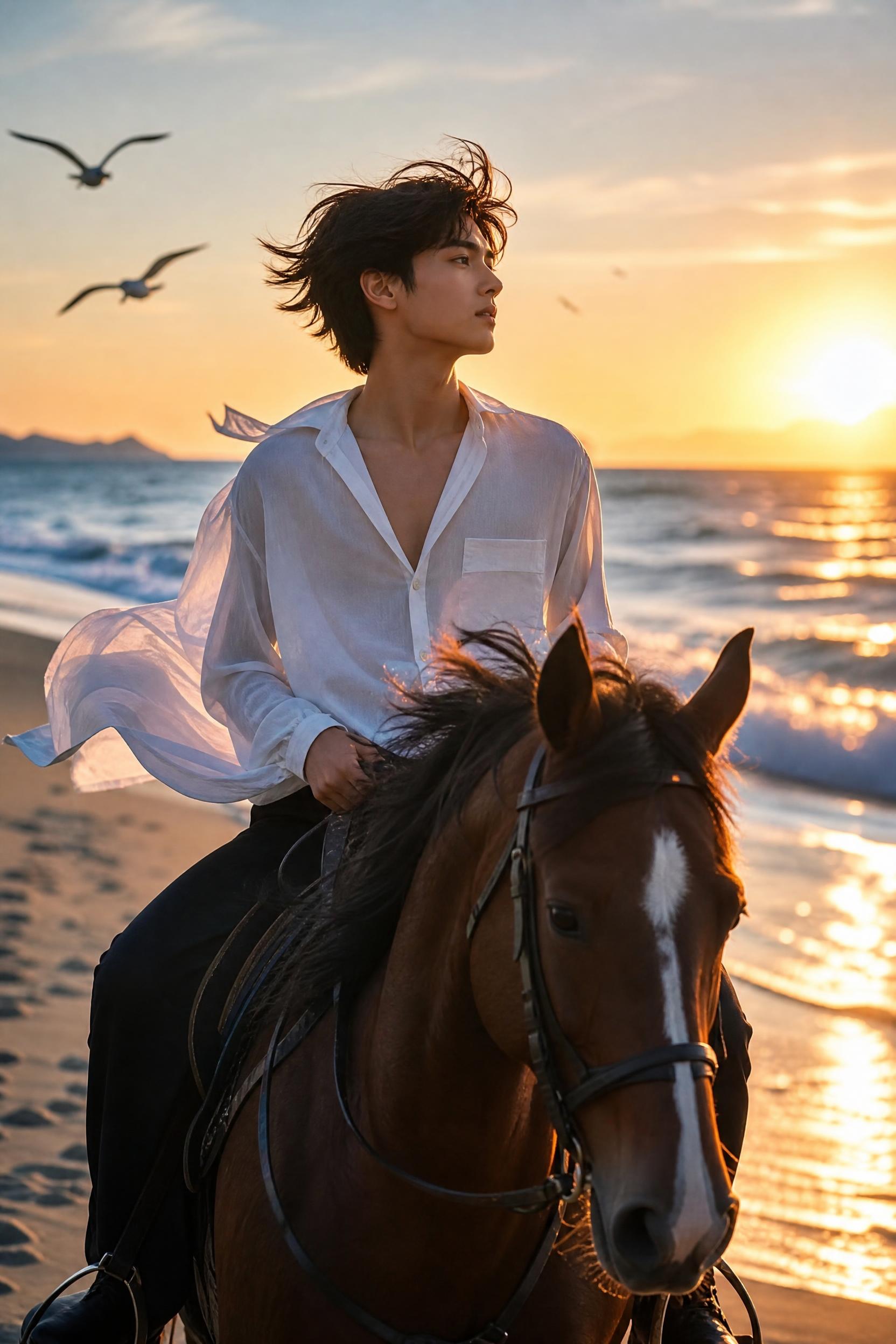 一位身穿白色飘逸衬衫的少年，在海边沙滩上骑着一匹骏马，海风轻拂… - 图片创意预览
