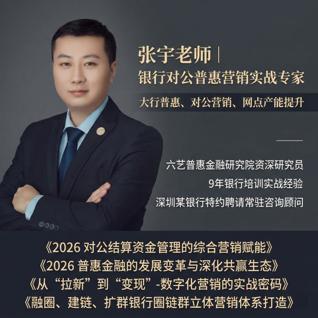 专业讲师个人推广海报，背景为深灰色渐变，左侧为张宇老师半身肖像（穿着深色西装、浅蓝色衬衫、深蓝色领带，双臂交叉，表情自信），右侧排版展示其头衔与核心信息：'张宇老师 | 银行对公普惠营销实战专家'，下预览效果