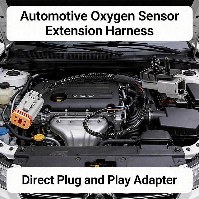 [Main Image 2] Application scenario display. Keep the original product appearance completely unchanged. Show this oxygen sensor extension adapter harness connected in a car engine bay, extending the wiring for an aftermarket oxygen sensor. Clean engine bay environment. Add English headline "Automotive Oxygen Sensor Extension Harness" at top, subtitle "Direct Plug and Play Adapter" at bottom. All text in English, placed in blank area without blocking product. 1:1 square.