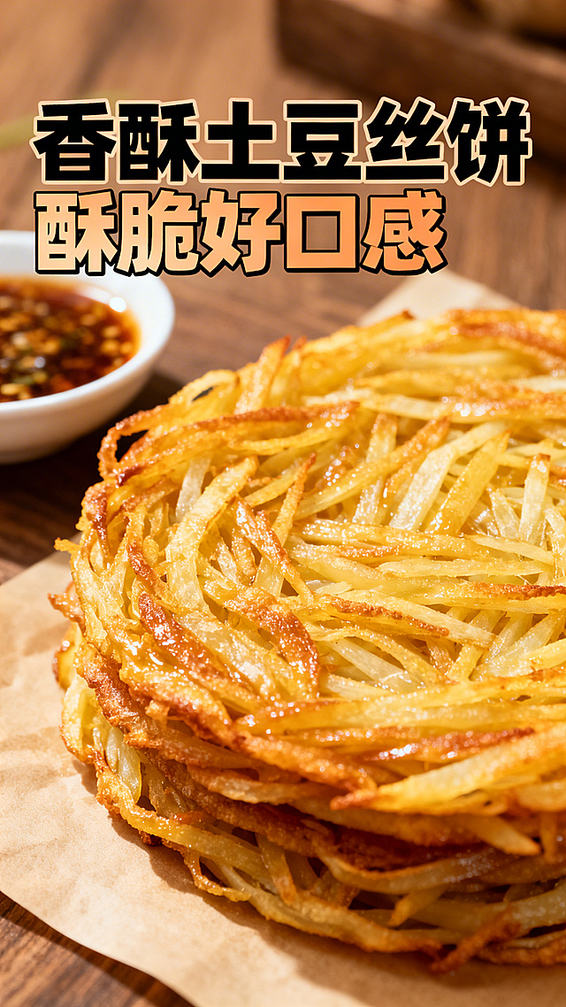 金黄酥脆的土豆丝饼，层次分明，搭配一小碟蘸料，文案“香酥土豆丝饼 酥脆好口感”