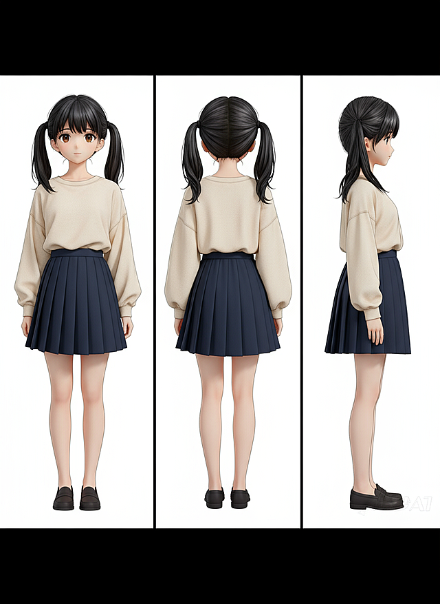 可爱卡通女孩，多角度展示，动漫风格设计，简洁温馨。