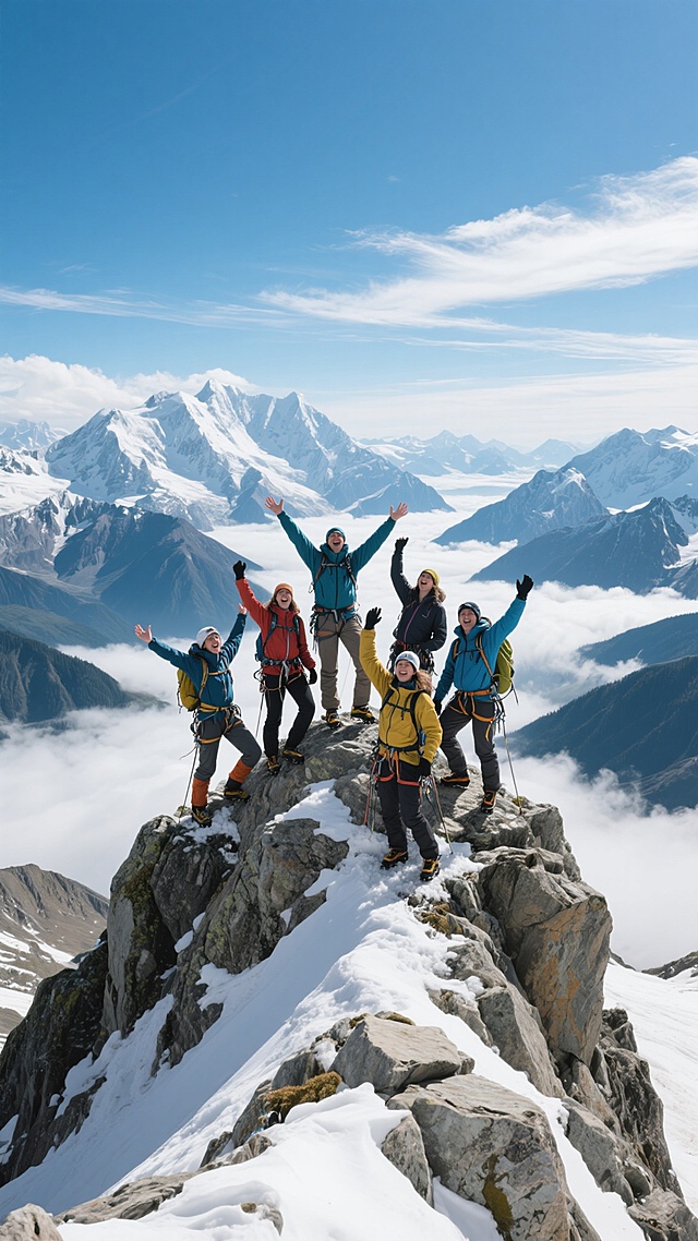 一群身着专业登山装备的男女登山者，成功登顶后在雪山之巅欢呼庆祝，他们站在覆有少量积雪的嶙峋岩石山顶上，有的人张开双臂拥抱天空，有的人高举双手振臂欢呼，每个人脸上都洋溢着激动与喜悦，背后是连绵起伏、峰顶覆盖皑皑白雪的壮丽山脉，山谷间漂浮着洁白的云海，远处的山峰在阳光下闪耀着圣洁的光芒，头顶是湛蓝的天空，点缀着几缕轻盈的白云，整体画面展现出成功登顶的豪迈与自然的磅礴之美，充满了力量感和成就感。
