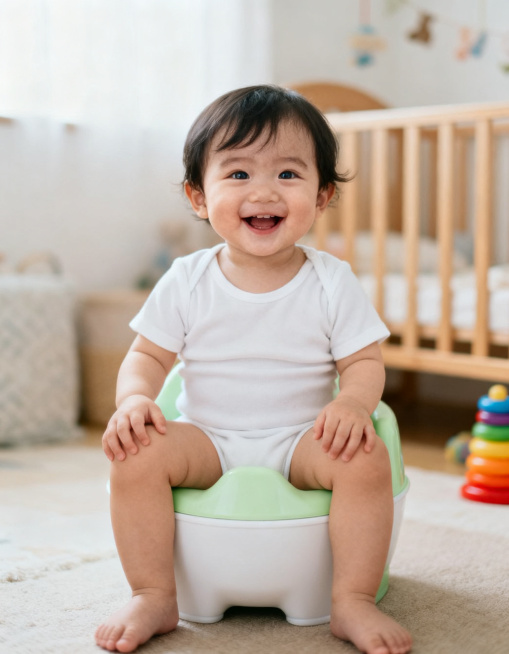 正面构图：孩子完全正面朝向镜头，视线与镜头平齐，增强代入感和互动性表情生动：孩子笑容灿烂，眼睛明亮有神，直视镜头，充满好奇和活泼感姿态自然：端坐在浅绿色和白色相间的儿童座便器上，双腿微曲，双手轻放，状预览效果