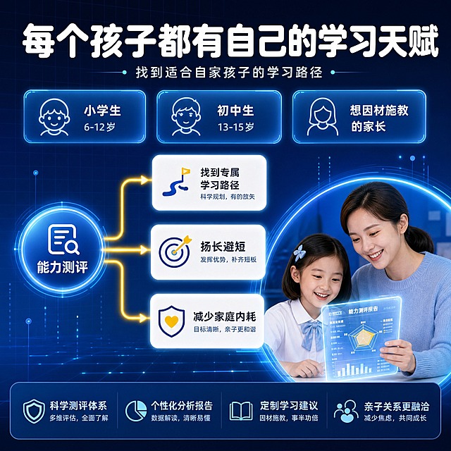 [主图-4] 适配人群与成果代入·辅助种草：让家长对号入座，看到测评后的家庭改变。
[统一基调] 深海军蓝到电光蓝渐变科技背景，带半透明网格线、柔和光线、漂浮数据光点与蓝色光晕；标题统一白色圆角粗黑体无衬线，辅助文字统一浅蓝白色小号字，标签统一半透明圆角发光样式，底部信息条统一深蓝半透明圆角通栏，整组保持高对比、专业可信、科技教育风。
[画面] 上部横排三枚半透明人群标签卡：小学生、初中生、想因材施教的家长；中部一条发光路径从「能力测评」节点连接到三枚成果卡：找到专属学习路径、扬长避短、减少家庭内耗；右下角一个发光小圆窗内，同一位约34岁中长发扎低马尾、圆脸温柔、穿浅蓝针织衫的妈妈和约9岁齐肩短发戴淡蓝发卡、穿白色校服的女儿一起看着发光报告微笑；整体信息分区清楚。
[光影质感] 商业教育插画质感融合轻科技光效，卡片发光柔和，小圆窗人物皮肤自然，光效不刺眼。
[配色] 主色电光蓝与深海军蓝，人群标签浅蓝半透明，成果卡白色微发光，强调色明黄用于路径线。
[文字版式] 顶部主标题「每个孩子都有自己的学习天赋」白色超大粗黑圆体，副文案「找到适合自家孩子的学习路径」；三枚成果卡短句「扬长避短」「减少家庭内耗」「越学越自信」；整图不出现价格。
[输出要求] 1:1正方形，1024x1024，2K分辨率，文字清晰无错字；负向：变形、错字、漏字、模糊、水印、平台Logo、伪Logo、畸形手指、多余手指、面部扭曲、主体遮挡、背景杂乱、低清晰度、错误结构、刺眼过曝。