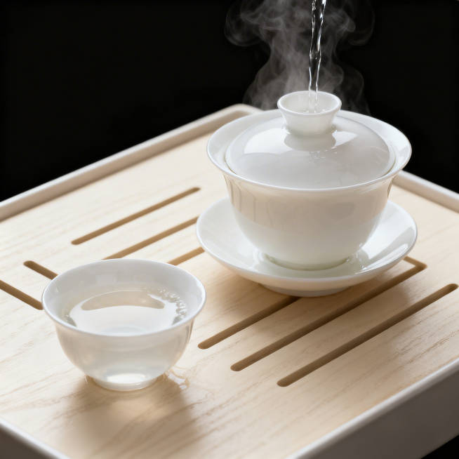 一张正方形的古朴美观的古树茶冲泡第一步温杯洁具示意图，使用白瓷盖碗，大气高级，干净通透，展示将沸水倒入盖碗和茶杯温热器具的过程，整体风格雅致上档次预览效果