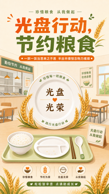 节约粮食宣传海报，校园食堂场景，以餐盘和麦穗为核心视觉元素，扁平化插画风格，无现实人物，主标题文字"光盘行动，节约粮食"，整体配色温暖明快，具有教育意义，适合PS简单复刻，元素层次分明预览效果