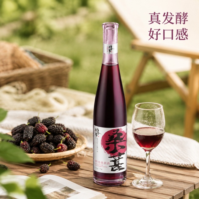 [主图-4] 紫冰桑葚酒场景体验图。[氛围风格] 生活场景，轻松微醺氛围感。[画质] 商业摄影质感，光线柔和通透，产品清晰真实，画面干净高级。[元素] 紫冰桑葚酒瓶打开放置在户外野餐木桌，旁边搭配玻璃预览效果