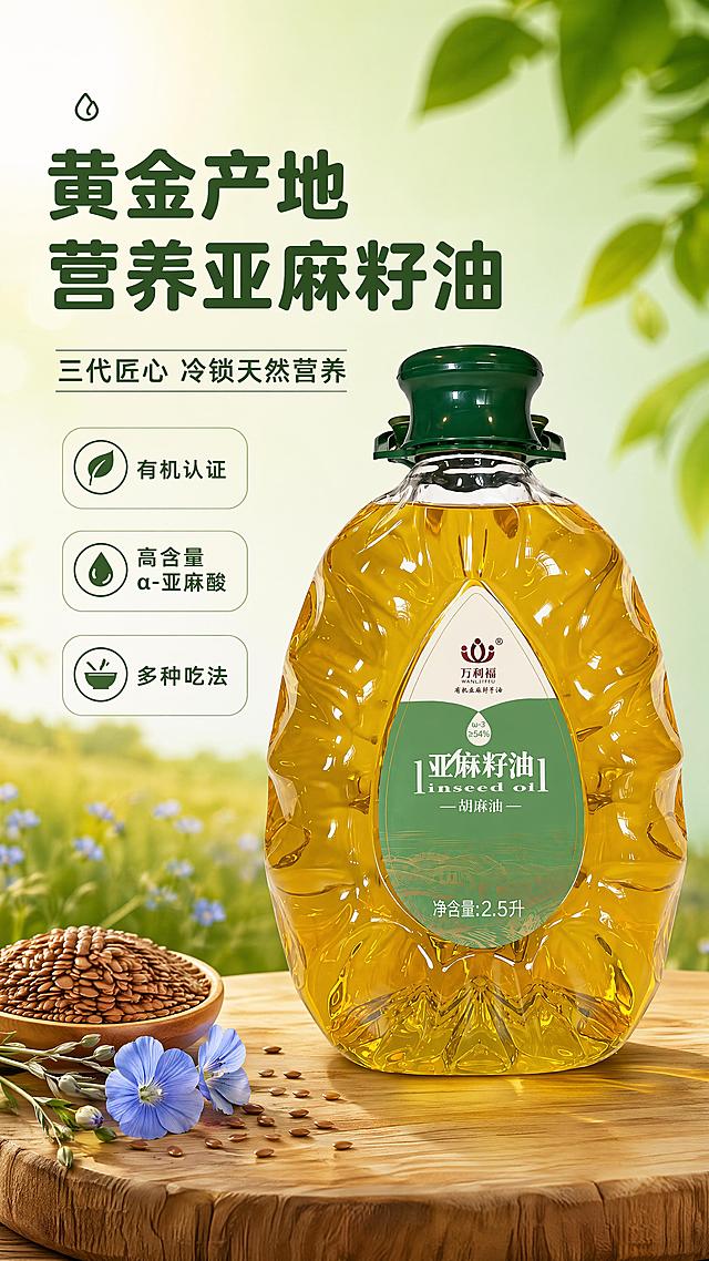 使用商品详情页技能根据商品图「图片1」生成详情页，参考图为，商品名称为亚麻籽油/胡麻油，卖点为品牌依托北纬41°-46°亚麻黄金种植带优势，坐拥数千亩有机种植基地，依托高原无污染火山土壤、超长日照的天然优势，产出的亚麻籽营养含量出众。企业传承三代古法榨油匠心，采用纯物理低温冷榨工艺，完整锁住亚麻籽天然营养。 公司拥有多项国家专利，产品涵盖亚麻籽油、亚麻籽粉、亚麻乳饮料等系列，通过有机认证及绿色食品、ISO质量体系认证。产品覆盖全国多省市，远销海外，斩获多项国内国际有机食品金奖。三十年来，万利福坚守匠心品质，专注打造高安全、高营养的亚麻健康产品，赋能国民健康生活。，低温烹饪，可单独使用或与日常。食用油调和烹饪;也可用于靓汤周味，在煮熟的粥、汤中加入;亦可凉拌、拌馅等。 [产品卖点] 1、亚麻籽油是 α- 亚麻酸含量最高的食用油之一，属于人体自身无法合成的必需脂肪酸 2、控糖控脂、辅助体重管理 3、富含维生素 E、含镁、钾等微量元素 4、适合人群：减脂人群、 素食 / 不吃海鲜（补充植物 Omega3）、中老年、素食者、女性等人群非常适合 5、多种微量营养素 [生产工艺] 采用物理压榨技术、6脱工艺(脱磷、脱酸、脱蜡、脱脂、脱色、脱味》制作而成，适配平台为淘宝/天猫，图片比例为9:16，需求屏数为4张，把4升改成2.5升