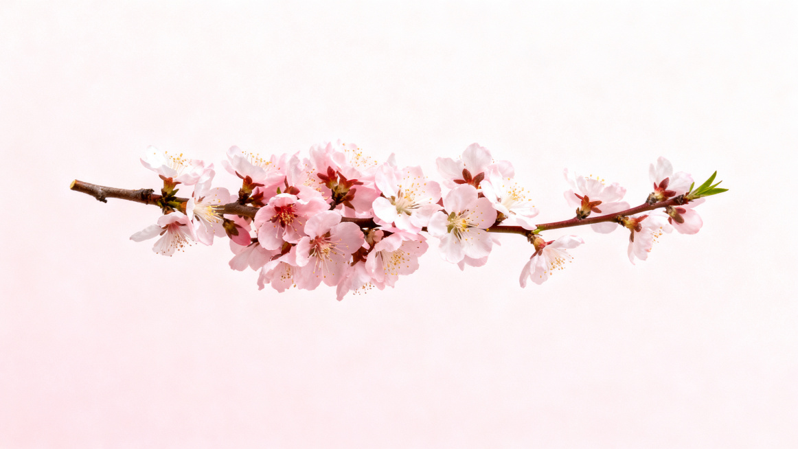 正中间放一枝盛开的桃花，桃花占据画面主要面积，背景为干净的淡粉色春日风格，横屏宽幅构图，适合PPT展示，高清摄影，静物拍摄预览效果