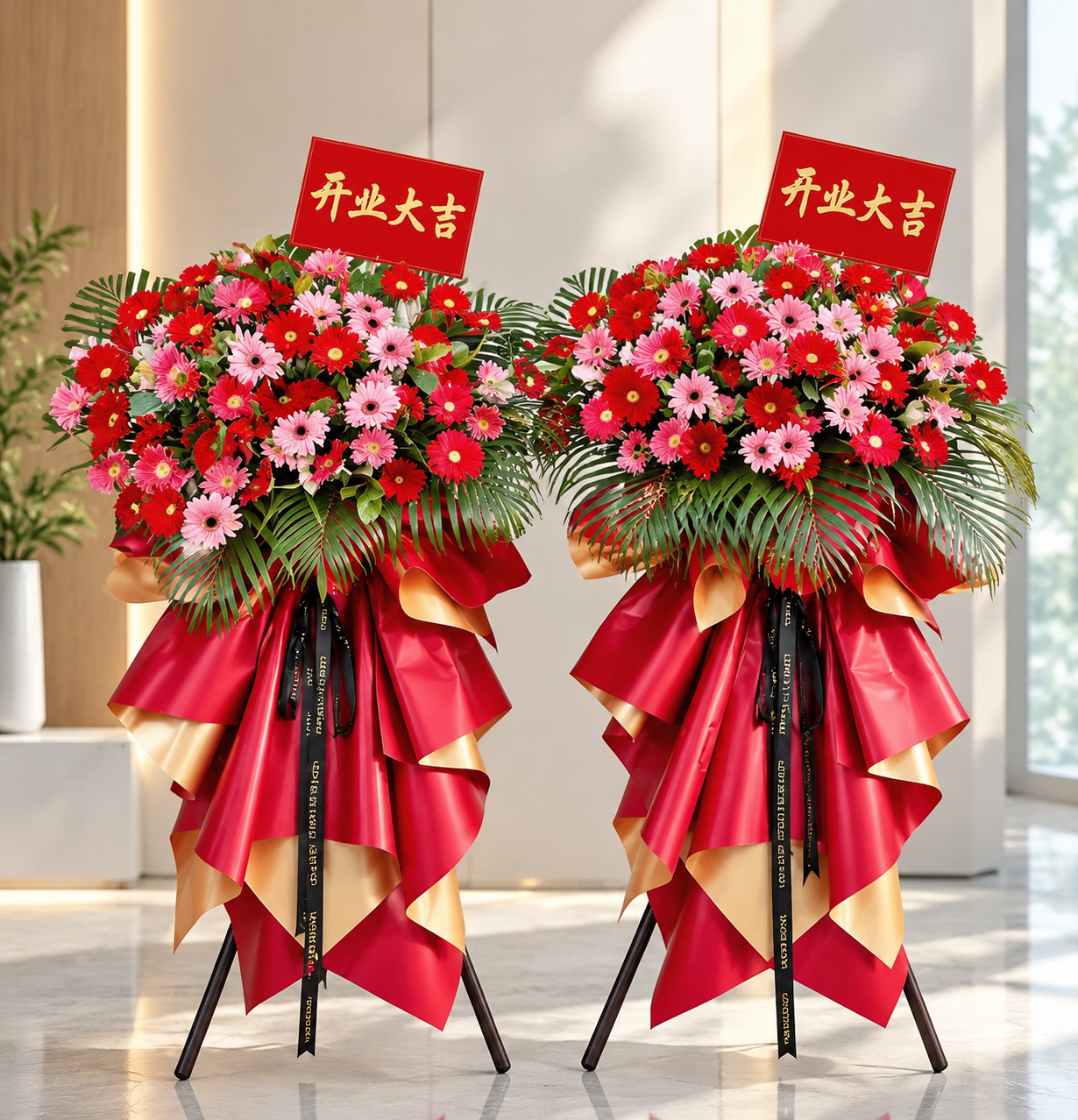 保留图1花篮的花材和整体结构完全不变，将花篮的包装纸替换为图2… - 图片创意预览