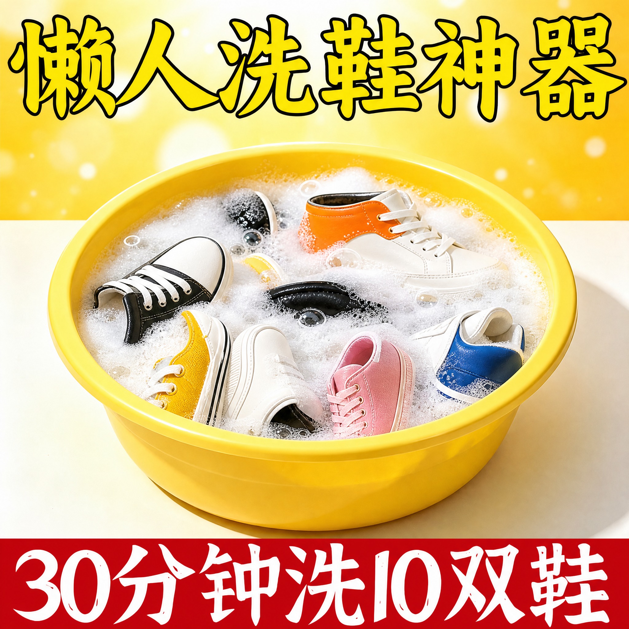 重新生成这张洗鞋泡腾片电商主图，保持文案内容、排版位置、背景色… - 图片创意预览