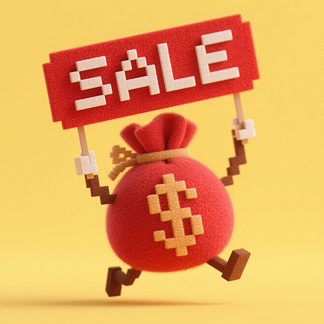 拟人化的红色钱袋鼓着圆肚子，双手举着 “SALE” 的红底白字牌，系带像小尾巴般甩动着蹦跳