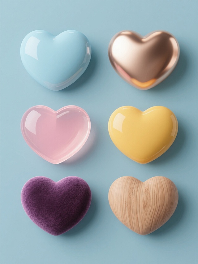 纯色背景上的软3D风格心形系列素材集合，规整排布六个完全不同材质的同元素内容，每个心形都保持原有的圆润饱满形态和柔和光影过渡，整体色彩变换丰富多样，包含光滑陶瓷质感的淡蓝色心形、磨砂金属质感的玫瑰金色心形、半透明果冻质感的嫩粉色心形、哑光塑料质感的明黄色心形、丝绒布艺质感的深紫色心形以及木纹肌理质感的浅棕色心形，所有心形大小一致且均匀分布，画面简洁明快，视觉层次清晰。