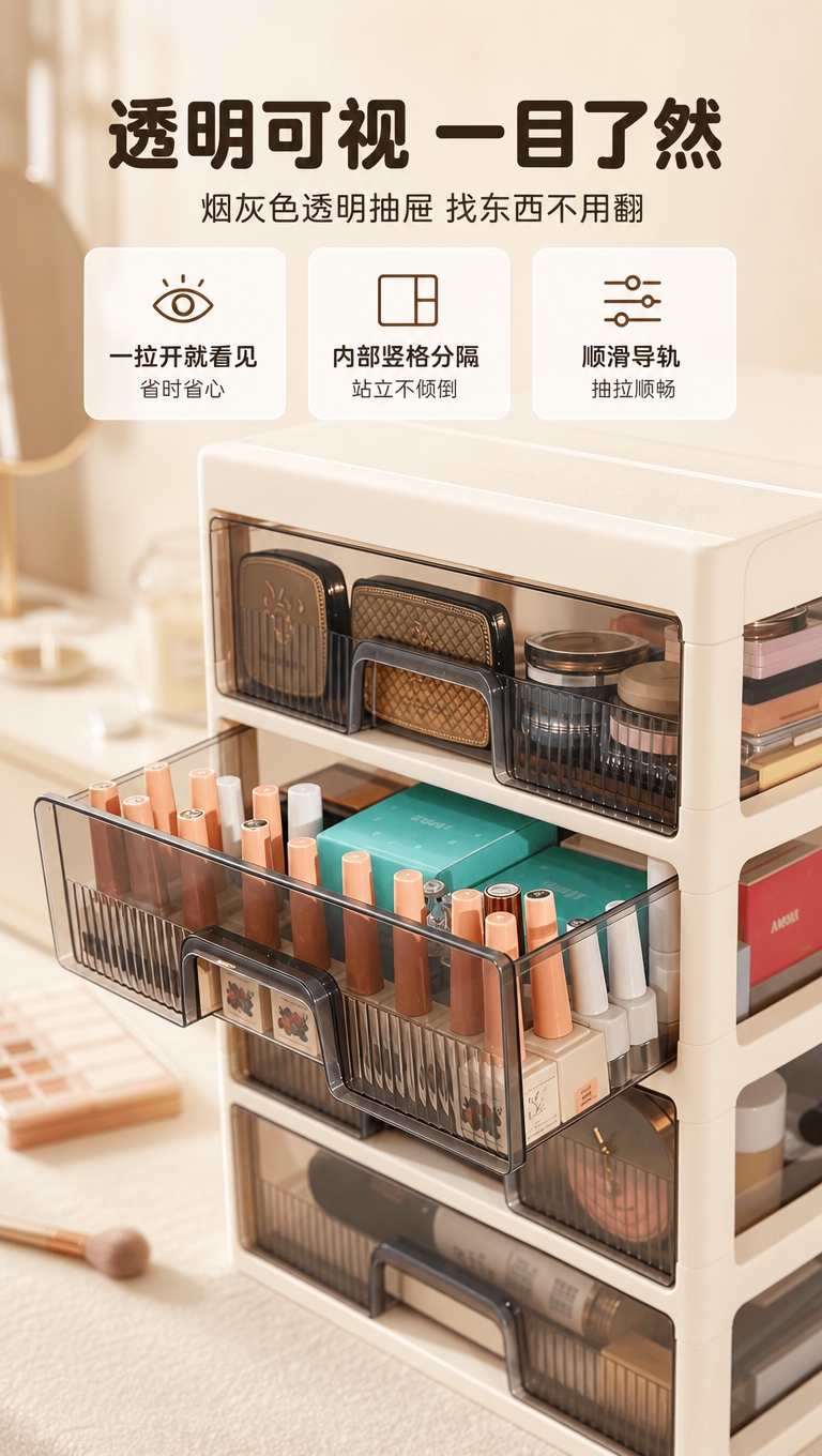 [商品] 使用【图2】奶油白五层抽屉式化妆品收纳柜抽屉拉开细节… - 图片创意预览