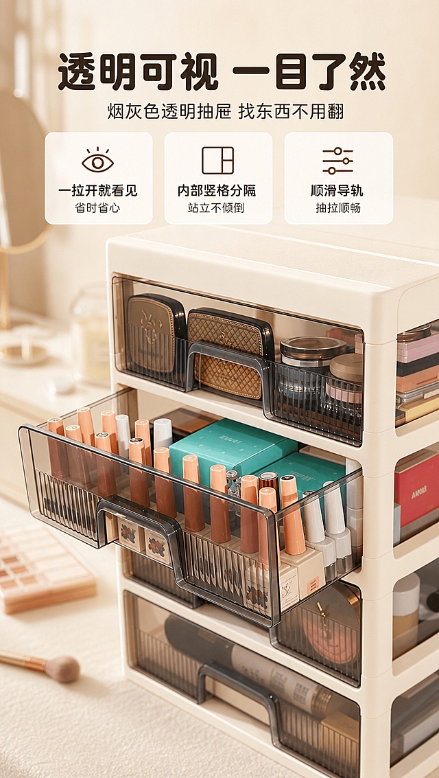[商品] 使用【图2】奶油白五层抽屉式化妆品收纳柜抽屉拉开细节；保留抽屉结构、透明烟灰色质感、内部竖格分隔、抽屉把手的形态与颜色；商品处理：保持抽屉拉开状态自然，增强透明抽屉的通透感与内部物品的清晰度。
[画面] 目标：透明抽屉细节展示页，突出可视性与拿取便利。构图：抽屉拉开特写占据画面主体，占画面70%，略微仰视角度；背景为奶油色梳妆台桌面。景别：中近景特写。前中后景：前景拉开的抽屉与内部化妆品，中景收纳柜主体，后景虚化暖调背景。
[视觉] 套系策略：风格=奶油治愈系家居商业摄影；标题字=圆润黑体粗体；正文字=简洁无衬线黑体；主色=奶油米白；背景延展=基于奶油米白做深浅层级、同色渐变和细腻墙面/织物质感；强调色=奶茶棕，仅用于小面积图标、引线和标签；标题色=深咖棕；正文色=暖灰棕；组件=圆角浅底信息卡、细线引线、胶囊标签；光影=左前侧暖柔光，柔和自然阴影。
[文字] 顶部主标题「透明可视 一目了然」；副标题「烟灰色透明抽屉 找东西不用翻」；下方3个卖点：「一拉开就看见 省时省心」「内部竖格分隔 站立不倾倒」「顺滑导轨 抽拉顺畅」；文字位于画面上下区域，不遮挡抽屉内部细节；全部横排排版。
[规格] 图片比例9:16竖版，4K分辨率，淘宝/天猫详情页风格，避免变形、错字、文字过小、冷蓝/冷灰背景、产品颜色改变、结构失真、极限词。