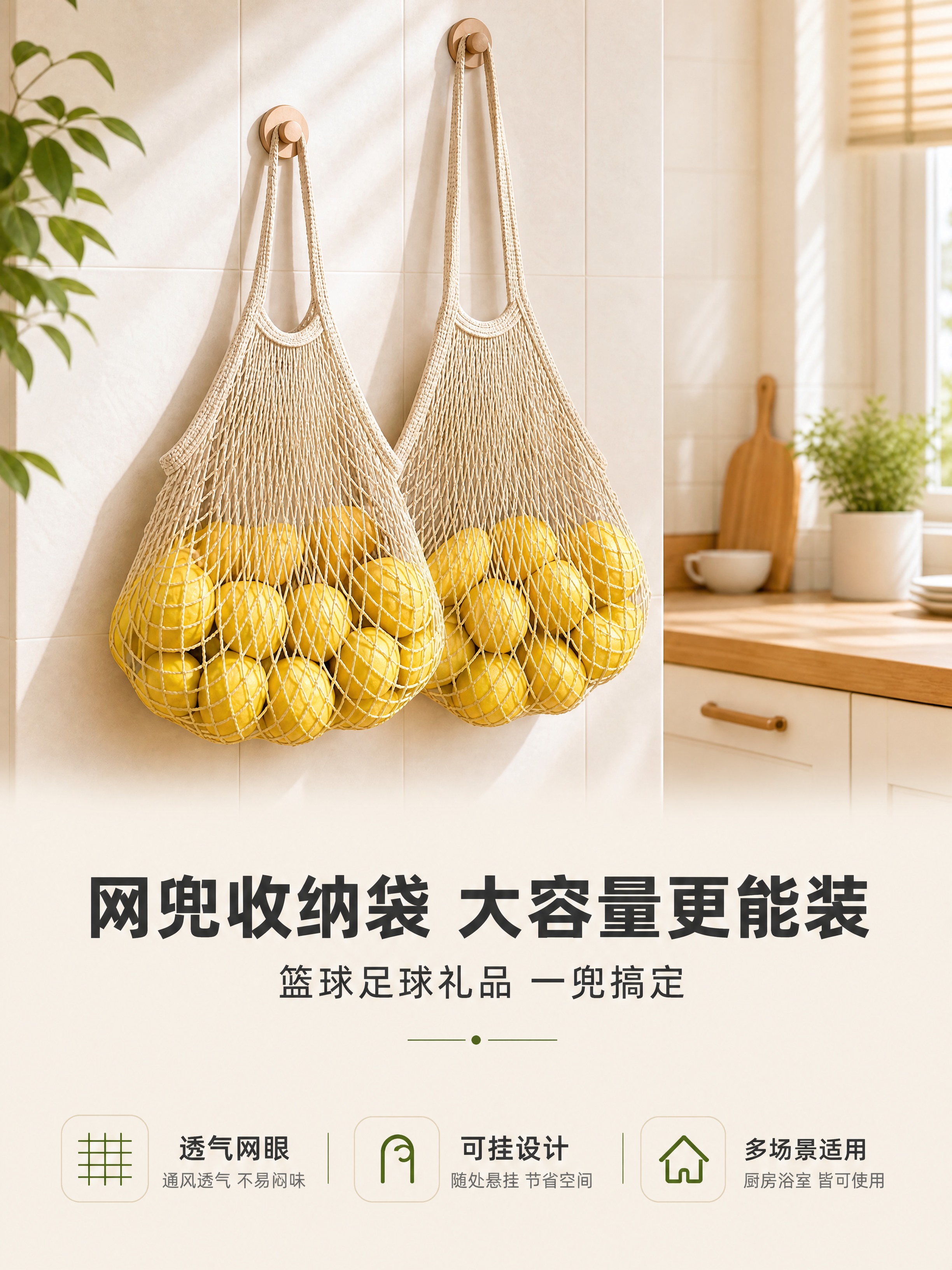 [商品] 使用【图1】米白色棉线编织网兜收纳挂袋；保留网眼结构… - 图片创意预览
