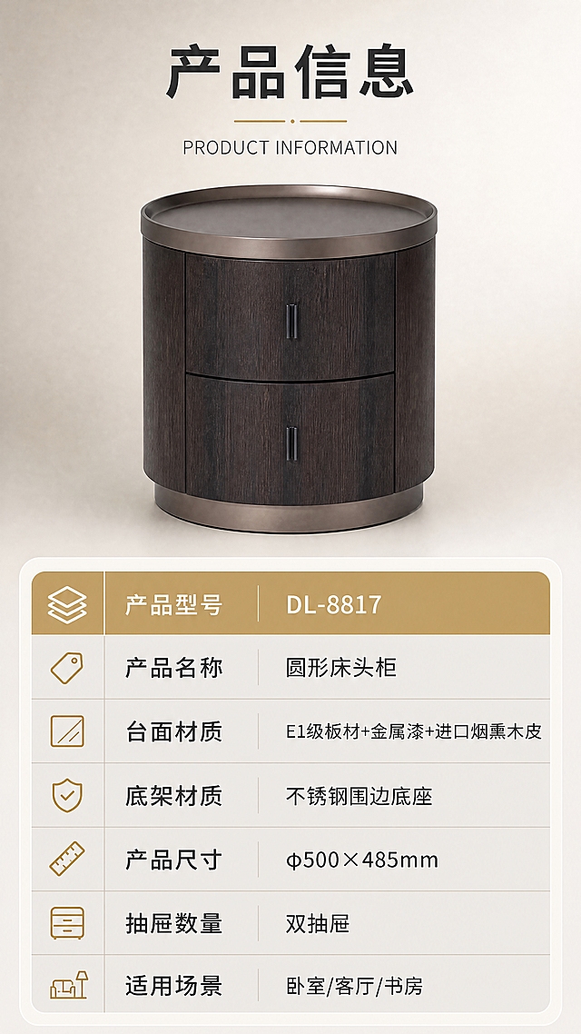 [商品] 使用【图1】DL-8817圆形双抽屉床头柜；保留圆形轮廓、双抽屉结构、古铜色金属台面与底座、烟熏木皮柜体纹理、竖向长拉手、整体比例与颜色材质；正视图展示，不改变产品结构与外观。
[画面] 目标：产品信息参数页，收口规格说明。构图：上下分区型，上半部分产品正视图（约占画面45%），居中展示，背景浅暖灰渐变；下半部分参数表格（约占画面45%），清晰列出产品规格参数。阅读动线：上方产品图→下方参数表。
[视觉] 套系策略：风格=现代轻奢高级商业摄影；标题字=现代无衬线粗体（思源黑体Heavy）；正文字=简洁无衬线体（思源黑体Regular）；主色=浅暖灰+古铜金；背景延展=基于浅暖灰做深浅层级、同色渐变、细腻纸张质感；强调色=古铜金，仅用于小面积图标、引线、标签和表格表头；标题色=深炭灰；正文色=中暖灰；组件=圆角浅底信息卡、细线表格、金色表头底色；光影=正前方均匀柔光，产品清晰无阴影。
[文字] 顶部标题「产品信息」（4字），下方小字「PRODUCT INFORMATION」。参数表两行表头金色底白字，内容行浅灰底深灰字，横排表格，参数项包括：「产品型号」DL-8817、「产品名称」圆形床头柜、「台面材质」E1级板材+金属漆+进口烟熏木皮、「底架材质」不锈钢围边底座、「产品尺寸」φ500×485mm、「抽屉数量」双抽屉、「适用场景」卧室/客厅/书房。所有文字横排，参数清晰可读，手机端可辨识。
[规格] 淘宝/天猫详情页，单屏比例9:16竖版，分辨率4K，中文简体，移动端可读。避免变形、错字、文字过小、冷蓝/冷灰背景、产品颜色改变、结构失真、极限词、虚假宣传、平台Logo水印。