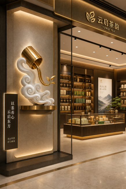 商场茶叶专柜，这款金色流云茶壶摆件放置在展柜入口旁视觉焦点区域，不占用地面陈列面积，现代高端商场专柜空间设计预览效果
