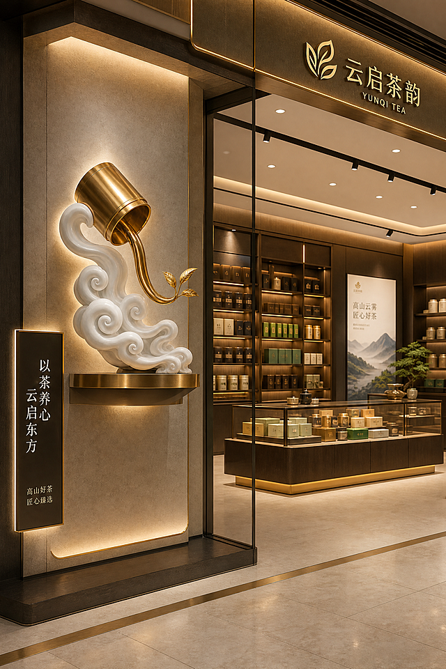商场茶叶专柜，这款金色流云茶壶摆件放置在展柜入口旁视觉焦点区域，不占用地面陈列面积，现代高端商场专柜空间设计