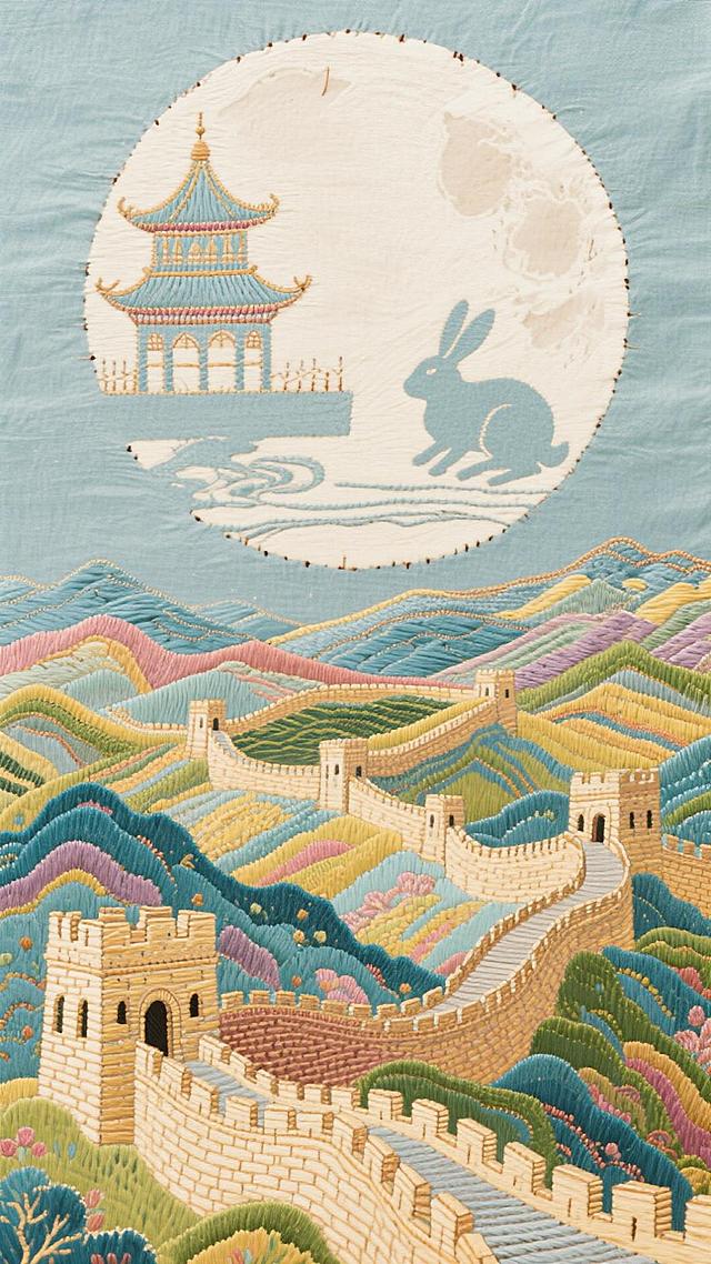 刺绣风工笔画，重拟物浮雕感呈现长城与明月，中式古典意境中融入梦幻唯美感，玉兔与楼阁共映，中秋佳节氛围浓厚。