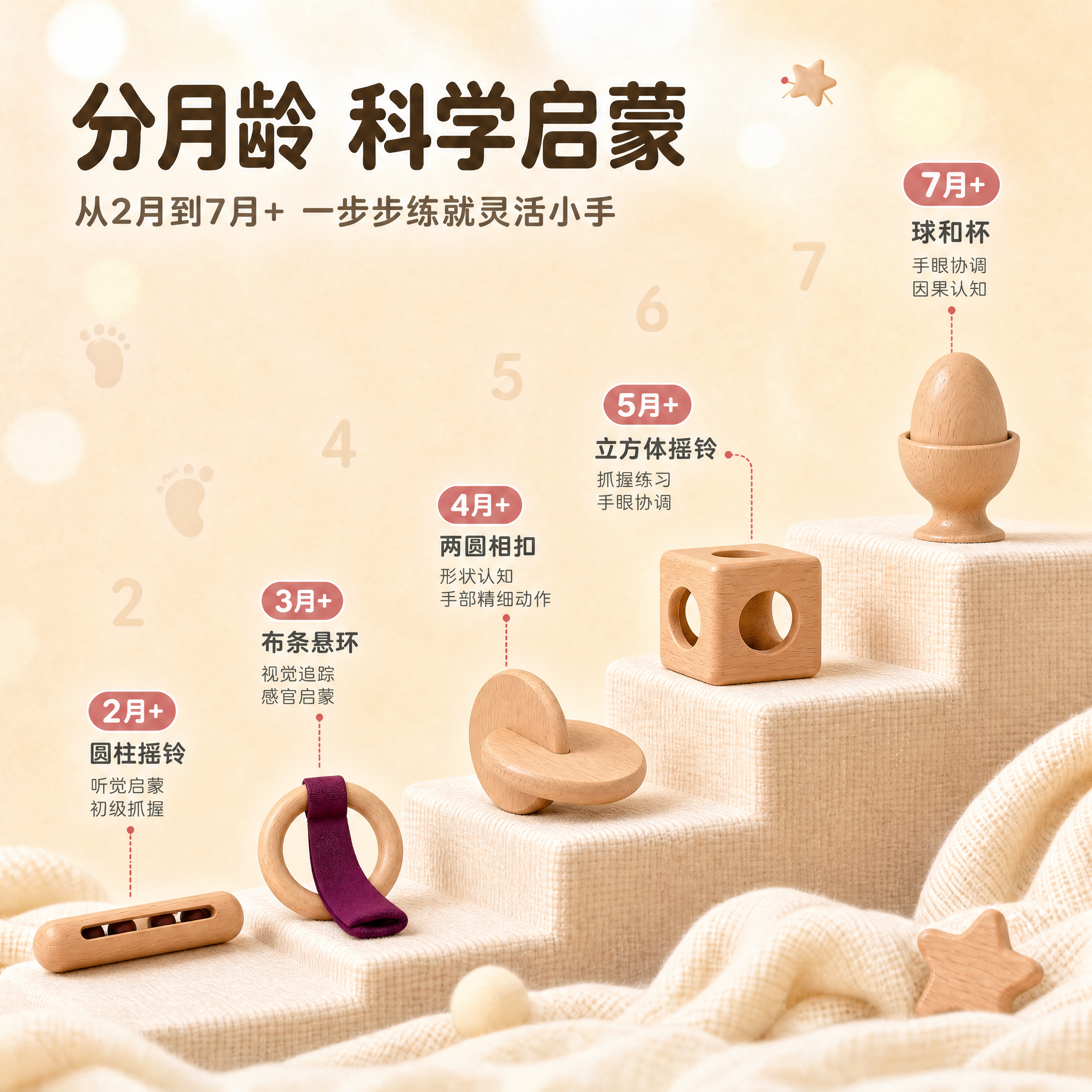 严格按照参考图中的教具形状重新生成这张分月龄科学启蒙详情页。必… - 图片创意预览