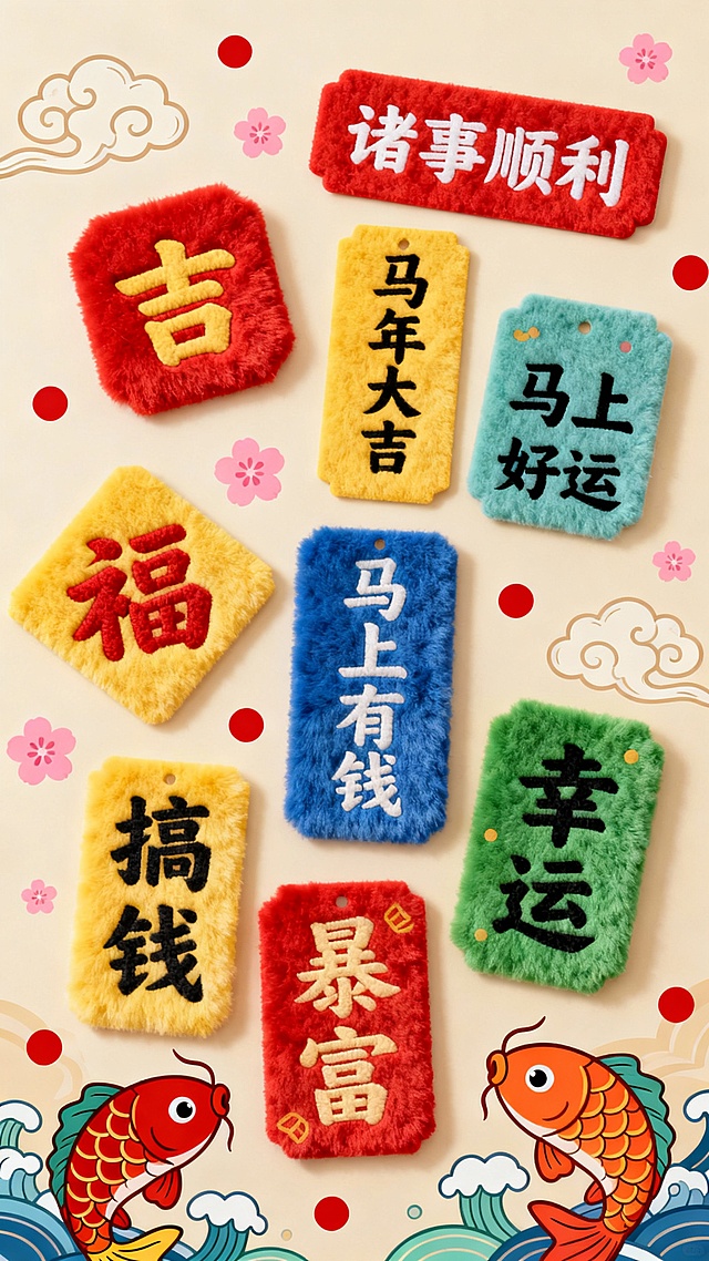 一组色彩丰富的吉祥书法卡片，包含“吉”“诸事顺利”“马年大吉”“马上好运”“福”“马上有钱”“搞钱”“幸运”“平安喜乐”“暴富”等文字，卡片有红、黄、蓝、绿等多种颜色，搭配祥云、锦鲤等传统吉祥元素，背景为浅米色，点缀粉色小花、红色圆点装饰，整体风格是喜庆可爱的手绘插画，突出新春祝福的氛围，毛绒绒质感