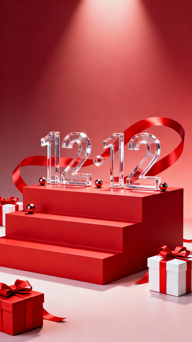 3D渲染风格电商促销主视觉背景，以渐变的深红色到浅红色为背景色调，柔和的顶部光源照射下，多层红色立方体台阶堆叠，台阶上放置着透明水晶质感的“12·12”立体数字，数字下方有一个小圆球装饰，红色丝带从数字后方飘逸环绕，台阶周围散落着红色礼品盒和带有红色蝴蝶结的白色礼盒，整体构图呈现出喜庆热闹的电商促销氛围，光影过渡自然，物体边缘清晰，具有强烈的视觉冲击力和节日促销感。