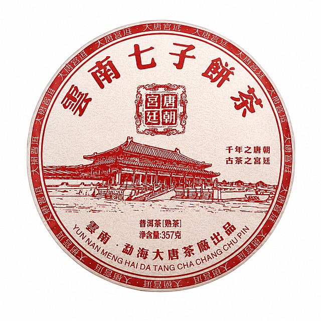 商业级产品大片摄影，主体为完整无变形的圆形云南七子饼茶熟茶饼，茶饼包装纸平整无褶皱、无灰尘、无划痕、无指纹，包装上的红色文字与宫殿图案清晰锐利、色彩还原精准，8K超清分辨率，极致细节刻画，光线均匀柔和，突出茶饼的高级质感，主体居中突出，背景为纯白色Hex #FFFFFF，无任何阴影，画面干净无多余元素，商业级画质，高锐度，细节分明
