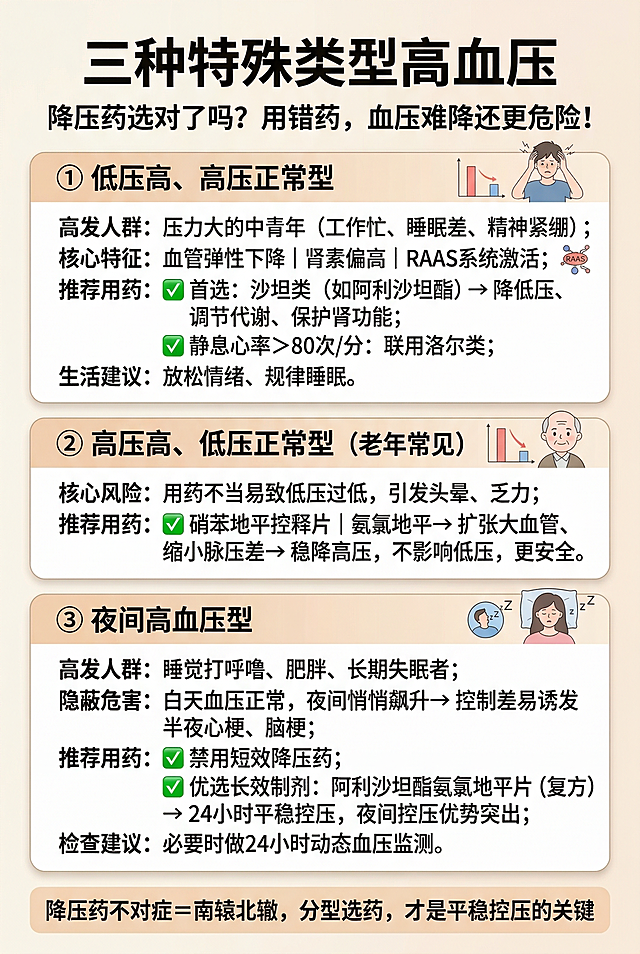 医学科普信息图，版式为上下分栏卡片式，可视化设计，重点内容加粗突出。主标题："三种特殊类型高血压"，副标题："降压药选对了吗？用错药，血压难降还更危险！"。第一个卡片：标题"① 低压高、高压正常型"，内容：**高发人群**：压力大的中青年（工作忙、睡眠差、精神紧绷）；**核心特征**：血管弹性下降｜肾素偏高｜RAAS系统激活；**推荐用药**：✅ 首选：沙坦类（如阿利沙坦酯）→ 降低压、调节代谢、保护肾功能；✅ 静息心率＞80次/分：联用洛尔类；**生活建议**：放松情绪、规律睡眠。第二个卡片：标题"② 高压高、低压正常型（老年常见）"，内容：**核心风险**：用药不当易致低压过低，引发头晕、乏力；**推荐用药**：✅ 硝苯地平控释片｜氨氯地平→ 扩张大血管、缩小脉压差→ 稳降高压，不影响低压，更安全。第三个卡片：标题"③ 夜间高血压型"，内容：**高发人群**：睡觉打呼噜、肥胖、长期失眠者；**隐蔽危害**：白天血压正常，夜间悄悄飙升→ 控制差易诱发半夜心梗、脑梗；**推荐用药**：✅ 禁用短效降压药；✅ 优选长效制剂：阿利沙坦酯氨氯地平片（复方）→ 24小时平稳控压，夜间控压优势突出；**检查建议**：必要时做24小时动态血压监测。底部总结区域："降压药不对症＝南辕北辙，分型选药，才是平稳控压的关键"。整体风格简洁清晰，医疗科普风格，配色柔和专业。