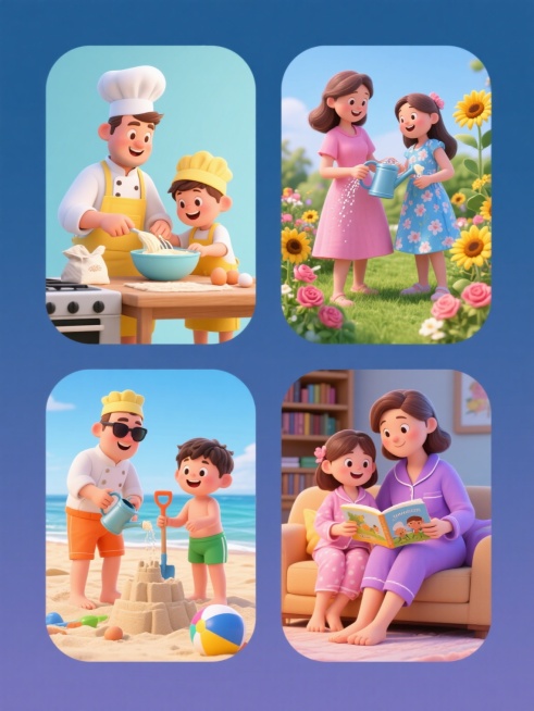 一系列四个3D卡通风格亲子主题插画，保持相同的圆润造型、明亮光线和简洁纯色背景，画面整体色彩变换为不同色调组合，亲子元素类目不变但内容完全不同：第一个画面是父亲和儿子在厨房一起烘焙，父亲穿着白色厨师服戴着厨师帽，儿子穿着黄色围裙戴着小厨师帽，两人正开心地搅拌碗里的面糊，桌上放着面粉袋和鸡蛋；第二个画面是母亲和女儿在花园里浇花，母亲穿着粉色连衣裙，女儿穿着蓝色碎花裙，两人各拿着一个洒水壶，周围有……预览效果