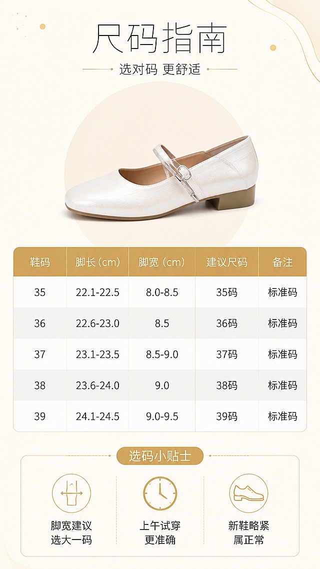 [第8屏] 尺码选购信息-玛丽珍单鞋尺码表与选码建议。本屏使用【图3】米白色款作为商品小图参考。
[氛围/风格] 简约清晰信息卡风格，干净易读，移动端友好。
[元素布局] 画面上方为一只米白色玛丽珍单鞋侧视图，占比约25%，置于浅米色圆形背景上；中间为尺码表格区域；底部为选码小贴士；背景为奶杏色渐变，点缀浅金色细线、小圆点等轻装饰；鞋型结构与输入产品图完全一致。
[光影质感] 均匀柔光，鞋子清晰干净，整体明亮易读。
[配色色系] 全局底色 #FBF8F3（奶白色）；主色米白+浅金；辅助色深灰文字+金色表头。
[视角构图] 上下结构，顶部鞋图+中部表格+底部贴士，阅读动线从上到下。
[文字版式] 顶部标题「尺码指南」，副标题「选对码 更舒适」，纤细无衬线字体；中间表格为5列（鞋码/脚长/脚宽/建议尺码/备注），5行数据（35-39码），表头浅金色底白字，表身交替浅灰底；底部选码建议三条：「脚宽建议选大一码」「上午试穿更准确」「新鞋略紧属正常」；文字清晰，字号适中，手机端可读。
[比例分辨率] 9:16竖版比例，4K分辨率，文字清晰可辨，高清画质。
[负向提示词] 鞋型变形，表格错乱，文字模糊，水印，颜色偏差，信息缺失。