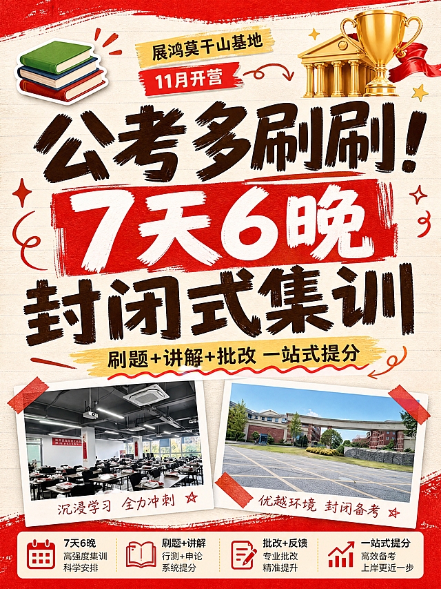 小红书笔记大字封面，配图大字，手账拼贴教育风，版式精美，小红书笔记封面质感，适合信息流点击。主标题必须完整呈现且为画面视觉中心，逐字锁定：「公考多刷刷！7天6晚封闭式集训」。主标题字号占画面约55%视觉权重，清晰可读，不得增删改字。副标题：「刷题+讲解+批改 一站式提分」。装饰短句角标：「展鸿莫干山基地」「11月开营」。背景：浅米色笔记纸纹理底，顶部和底部有红色渐变装饰条，右上角有金色奖杯小建筑元素点缀。标题排版：扁平粗黑体+马克笔手写感，主标题中「7天6晚」用红色色块底框高亮突出，其余文字深棕色。配图：采用用户【图3】基地环境图中的教室和外景做小图框拼贴，置于画面下半部分左右两侧，做拍立得照片边框效果，大小不抢主标题。装饰：1个📚emoji贴纸在主标题左上方；手绘波浪下划线在副标题下方；红色胶带角标在照片四角。整体氛围：备考冲刺、干货满满、封闭式集训的紧张又充实感。画质：高清细腻，信息层级清晰，主标题与背景强对比，文字完整处于安全区内不可裁切，四周留安全边距。画面比例3:4，4K。图生图：严格使用用户上传图片，【图1】=课程安排表参考内容，【图2】=课表参考内容，【图3】=基地环境配图素材，【图4】=奖学金激励参考内容，顺序与上传一致。