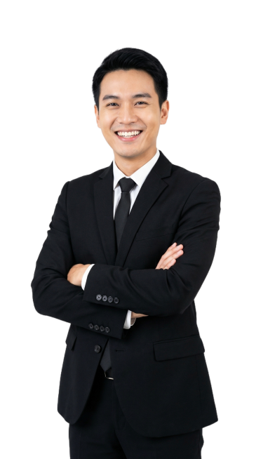 画面主体是一位面带爽朗笑容的东亚男性，留着整洁的黑色短发，笑容舒展亲和，整体气质阳光又干练。身着一身笔挺的黑色西装套装，内搭白色衬衫，搭配黑色领带，商务装扮正式得体，西装袖口的装饰纽扣也显得精致讲究。预览效果