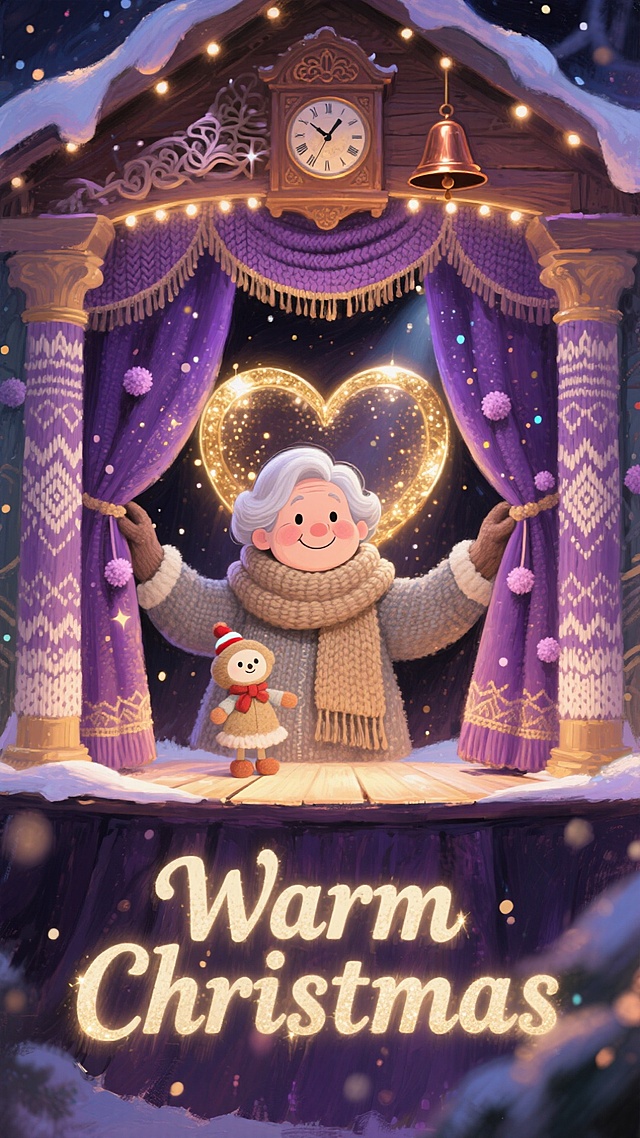 插画风与软3D结合，温馨梦幻的圣诞场景，老人拉开帷幕，心形光晕与粒子飘雪营造童话氛围，搭配油画质感，传递节日暖意。