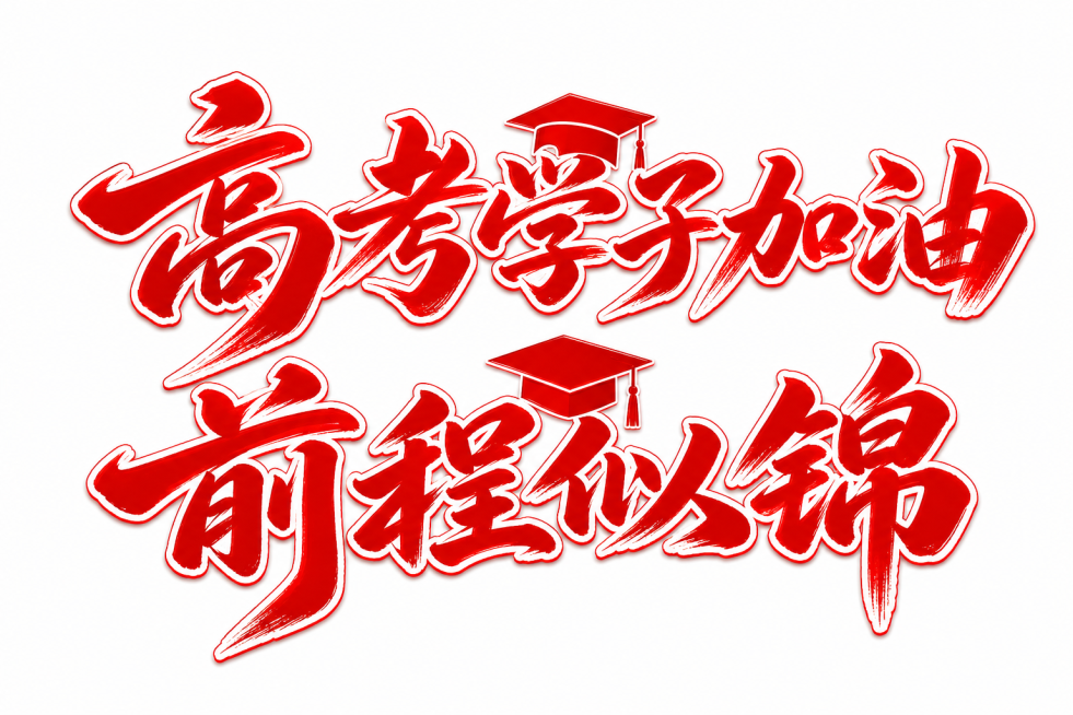 参考图片风格，生成红色毛笔书法字体文字"高考学子加油""前程似锦"，搭配学士帽元素，白色背景，手写书法风格，红色渐变搭配描边，简约大气的设计预览效果