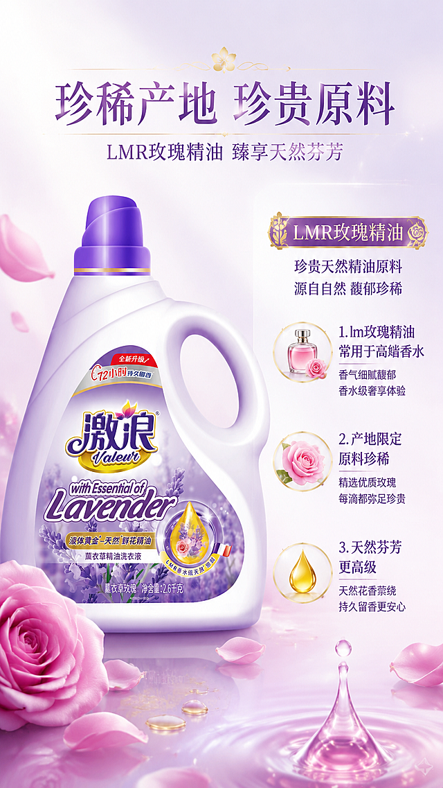 [第3屏] 原料解析屏-珍稀lmr玫瑰精油原料优势介绍。本屏使用【图1】作为商品主体。
[氛围/风格] 高端质感，自然清新，突出原料珍贵性，商业摄影氛围。
[元素布局] 产品放置于画面左侧，占比约50%，右侧为原料介绍区，背景点缀真实玫瑰花瓣和精油滴状图案，展示原料天然珍稀属性。
[光影质感] 左侧侧光打亮产品，右侧柔光处理文字区域，整体通透自然，突出精油的晶莹质感。
[配色色系] 全局底色 #FAF5FB，主色玫瑰柔粉+薰衣草紫，辅助色浅金高光，突出高级感。
[视角构图] 左产品右文字左右分栏构图，阅读动线清晰自然。
[文字版式] 顶部大标题「珍稀产地 珍贵原料」，右侧分点介绍：1. lm玫瑰精油常用于高端香水 2. 产地限定原料珍稀 3. 天然芬芳更高级，每点配精油小图标，文字清晰排版舒朗。
[比例分辨率] 9:16竖版比例，4K分辨率，文字清晰可辨，高清画质。
[负向提示词] 产品变形，文字错乱，虚假原料标注，颜色偏差，水印
