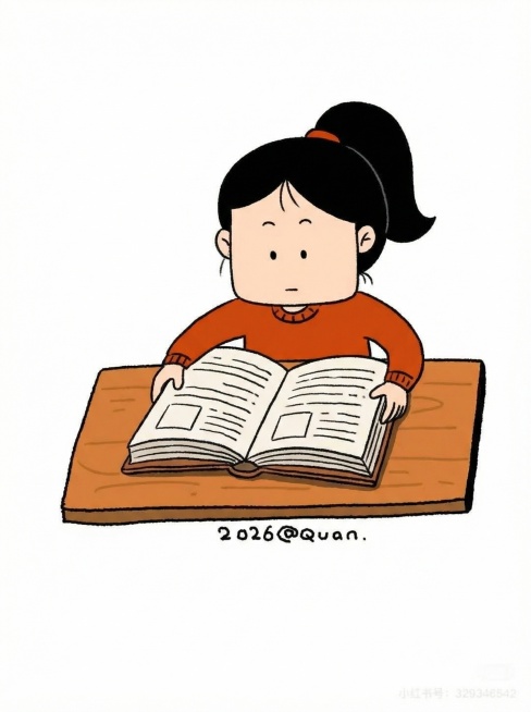 保持画风一致性，将人物形象改成扎马尾、无刘海、方形脸，桌上的食物替换成一本书，人物动作改为拿着书看预览效果