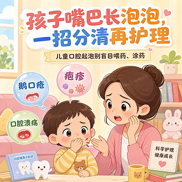 儿童科普漫画封面，温和卡通风格，画面中央一个可爱的小朋友捂着嘴巴皱眉，旁边一位年轻宝妈一脸着急的表情，小朋友周围飘着三个彩色泡泡，泡泡里分别写着"疱疹""鹅口疮""口腔溃疡"，画面上方大标题文字"孩子嘴巴长泡泡，一招分清再护理"，下方小字副标题"儿童口腔起泡别盲目喂药、涂药"，整体色调温暖柔和，马卡龙色系，无恐怖画面，适合亲子阅读